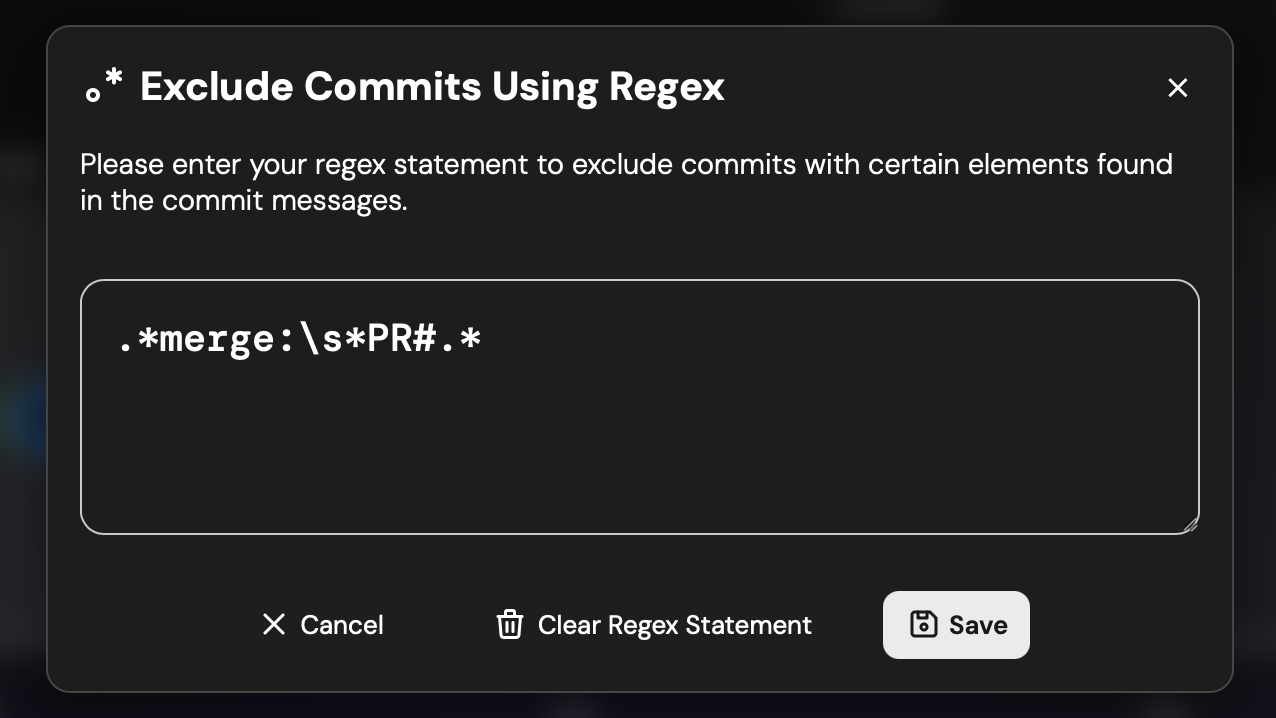 Active regex modal with applied filters