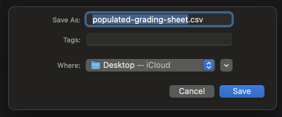 Exporting a scaled CSV grading sheet modal